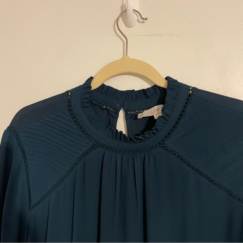 Loft | Mixed Media Ruffle Mock Neck Blouse | L - Picture 2 of 7